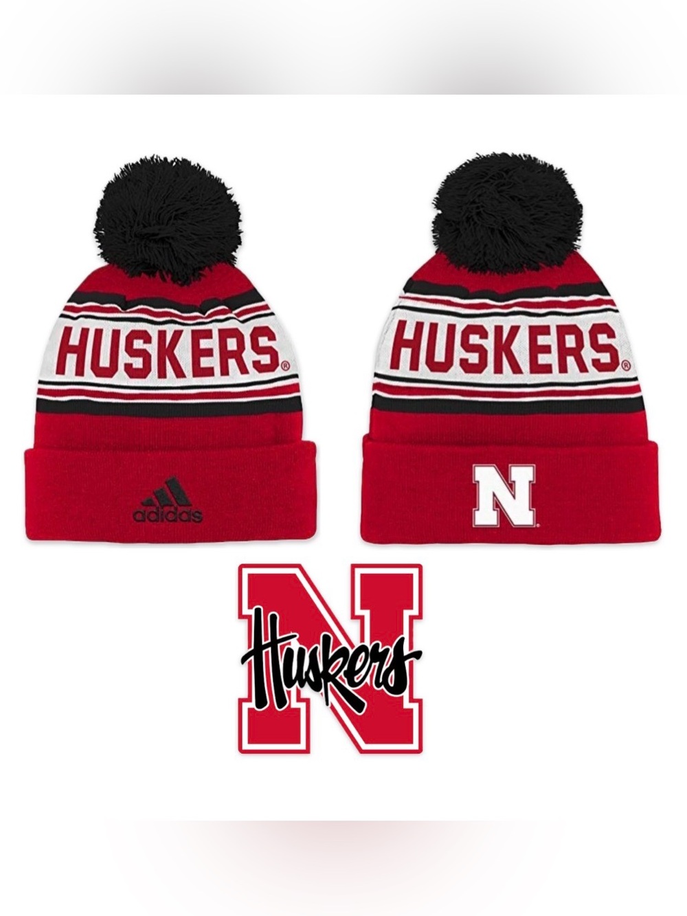 NWT [adidas] Nebraska Cornhuskers Huskers NCAA Cuffed Knit Pom Beanie Hat Youth - Picture 2 of 9